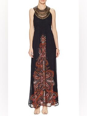 FREE PEOPLE Demeter Metal Beaded Bib Maxi Gown Dress Size 6 $400 Halter Boho